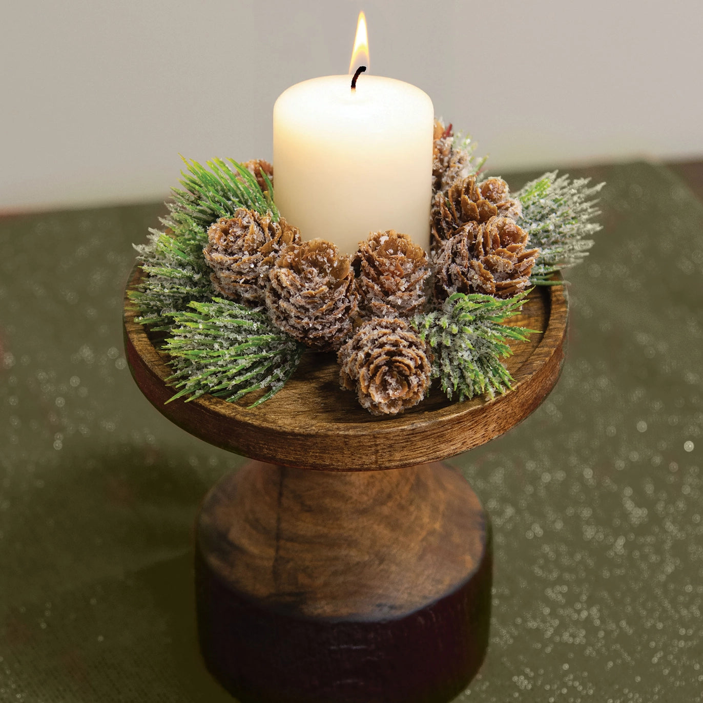 Icy Bristle Pine Cone Taper Candle Ring - 1"