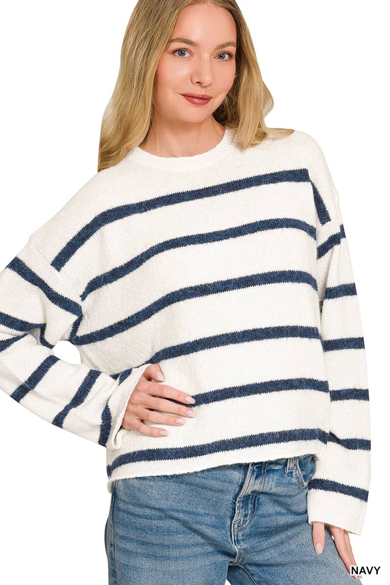 Loose Fit Wool Blend Striped Sweater - Color Options
