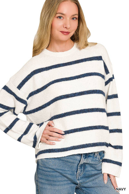 Loose Fit Wool Blend Striped Sweater - Color Options