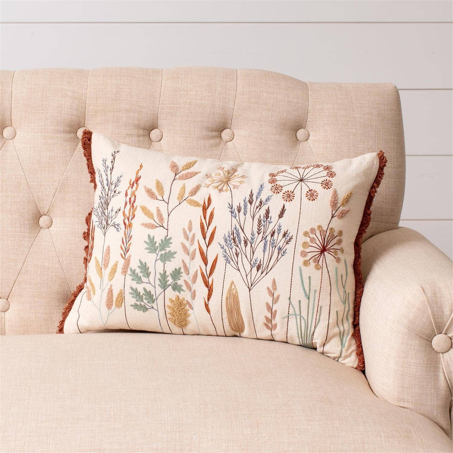 Embroidered Meadow Flowers Lumbar Pillow