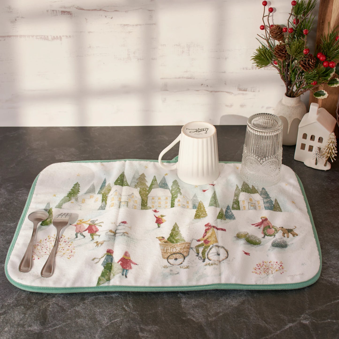 Winter Wonderland Village Dish Drying Mat