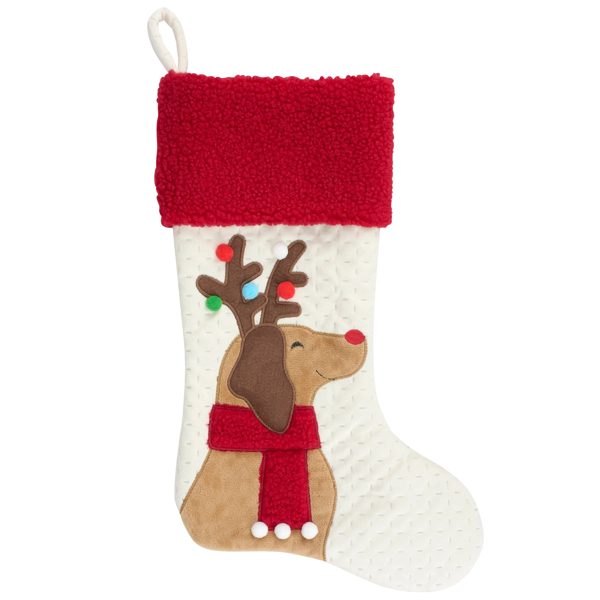 Antlered Dog Pom Pom Accented Christmas Stocking