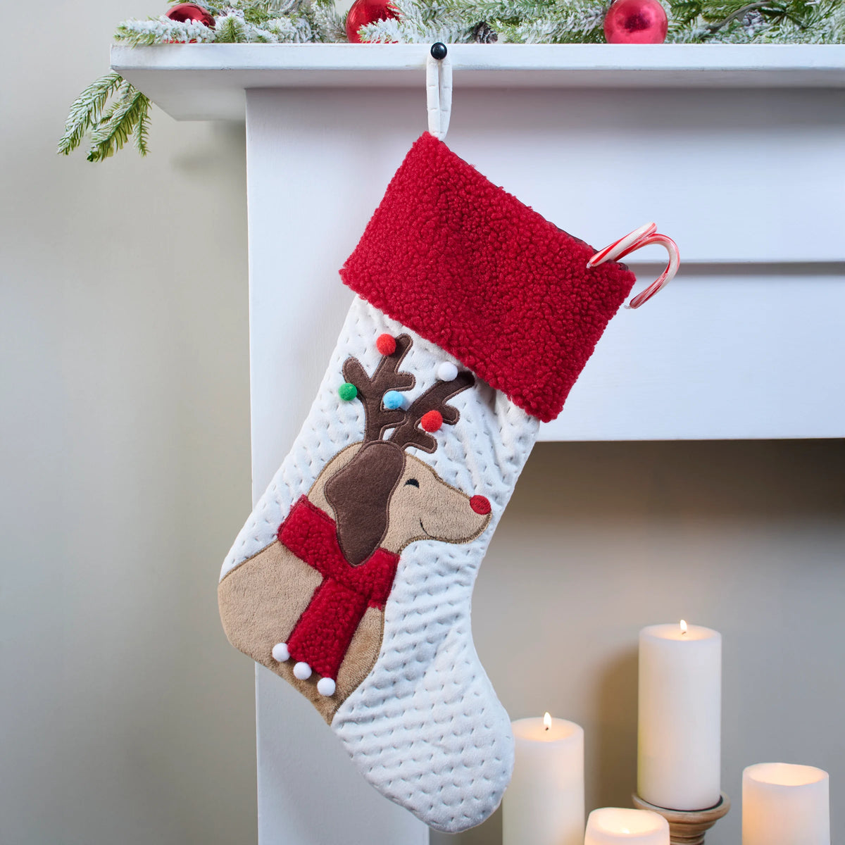 Antlered Dog Pom Pom Accented Christmas Stocking
