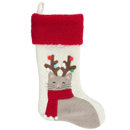Antlered Cat Pom Pom Accented Christmas Stocking