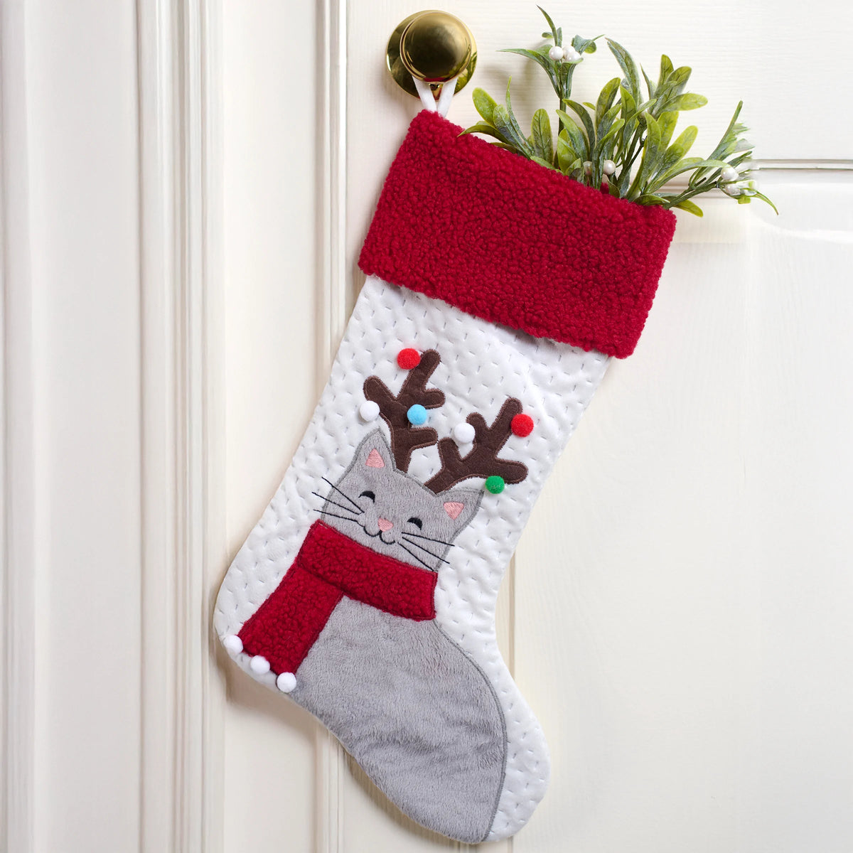 Antlered Cat Pom Pom Accented Christmas Stocking