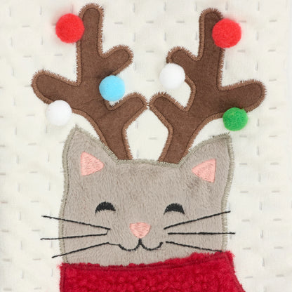 Antlered Cat Pom Pom Accented Christmas Stocking