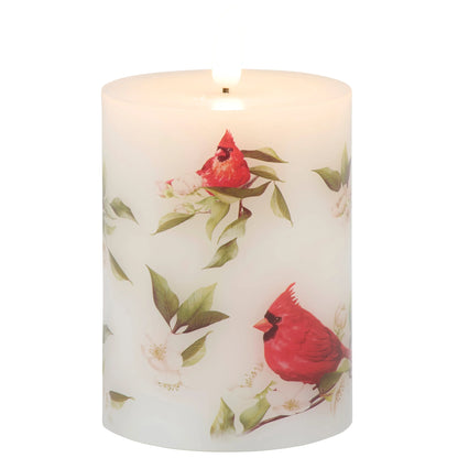 Cardinal on a Branch Flameless Timer Pillar Candle 3" x 4"