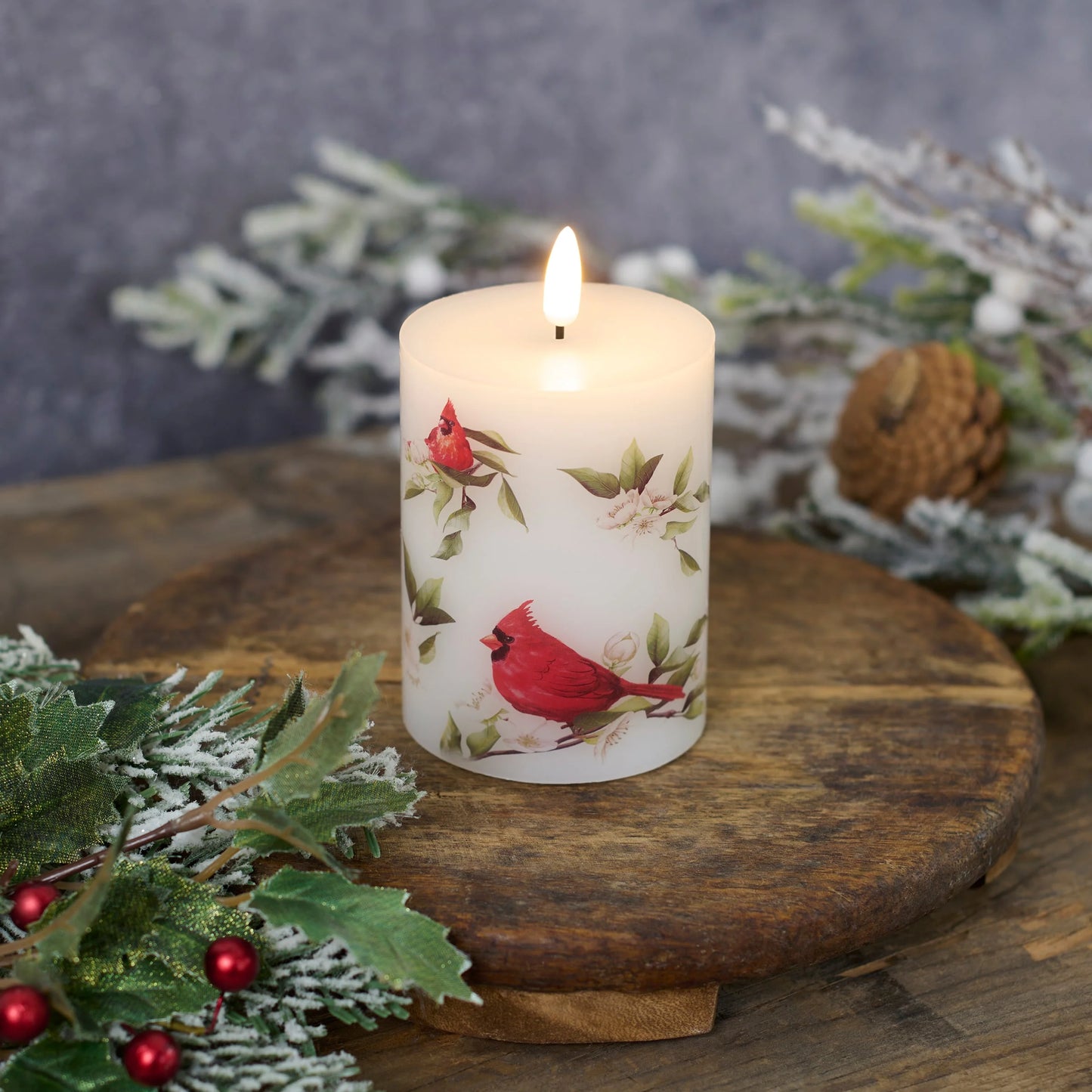 Cardinal on a Branch Flameless Timer Pillar Candle 3" x 4"