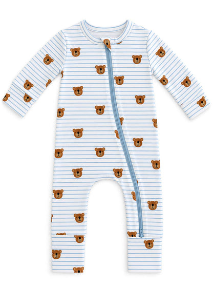 Blue Bear Stripe / Organic Cotton 2-Way Zip Romper - Infant