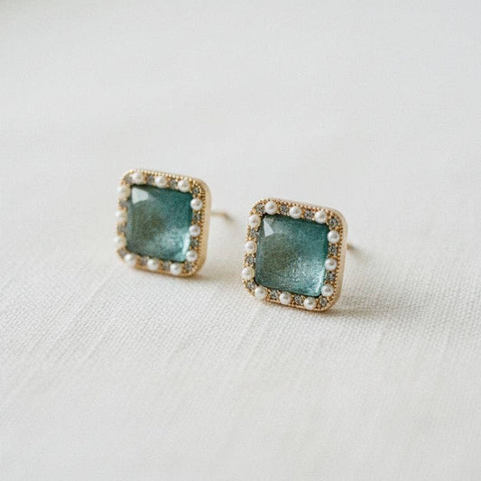 Blueish Green Cubic Zirconia and Pearl Stud Earrings