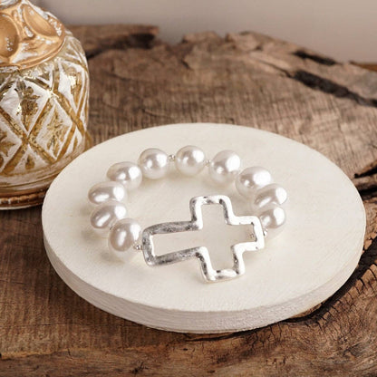 Chunky Pearl Cross Bracelet - Gold or Silver Tone