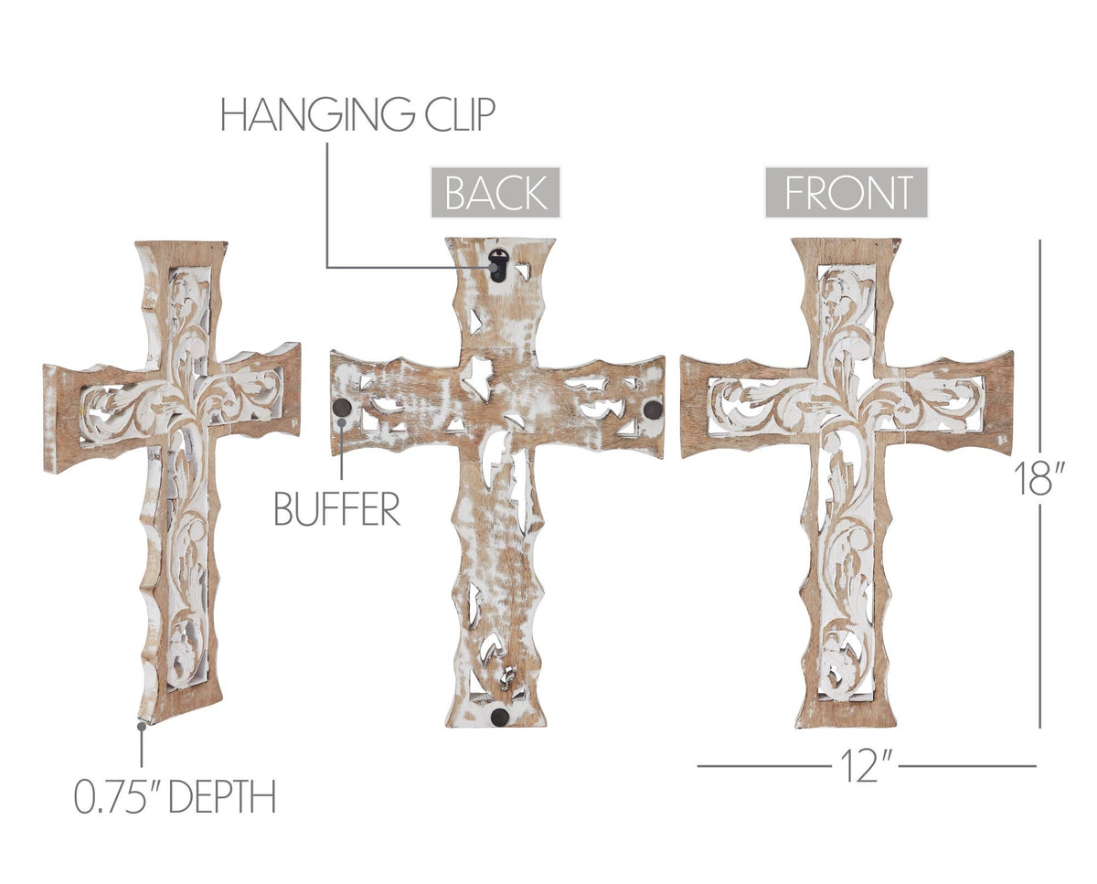 Distressed White Carved Wooden Cross Wall Decor 18" X 12"