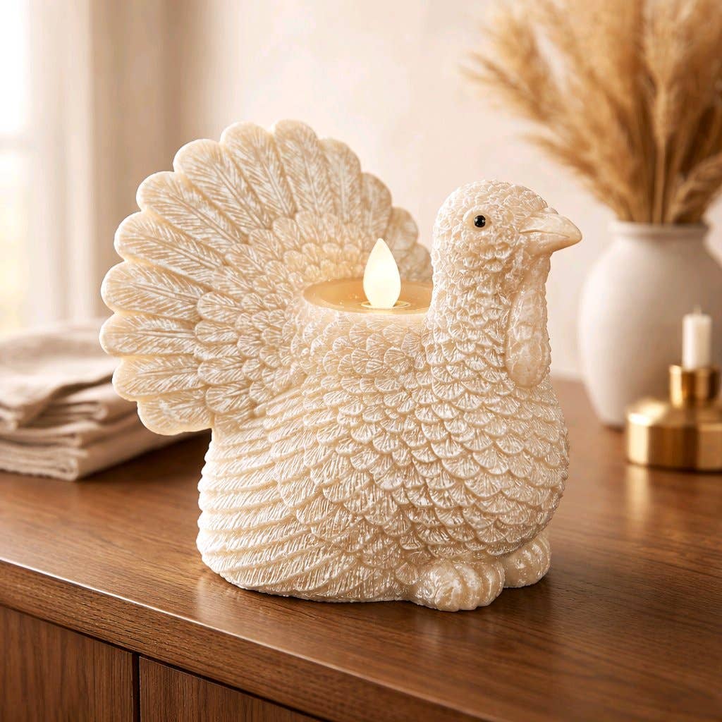 Turkey Shaped Moving Flame LED Candle Thanksgiving Harvest Decor 5.2 x 5 x 5in