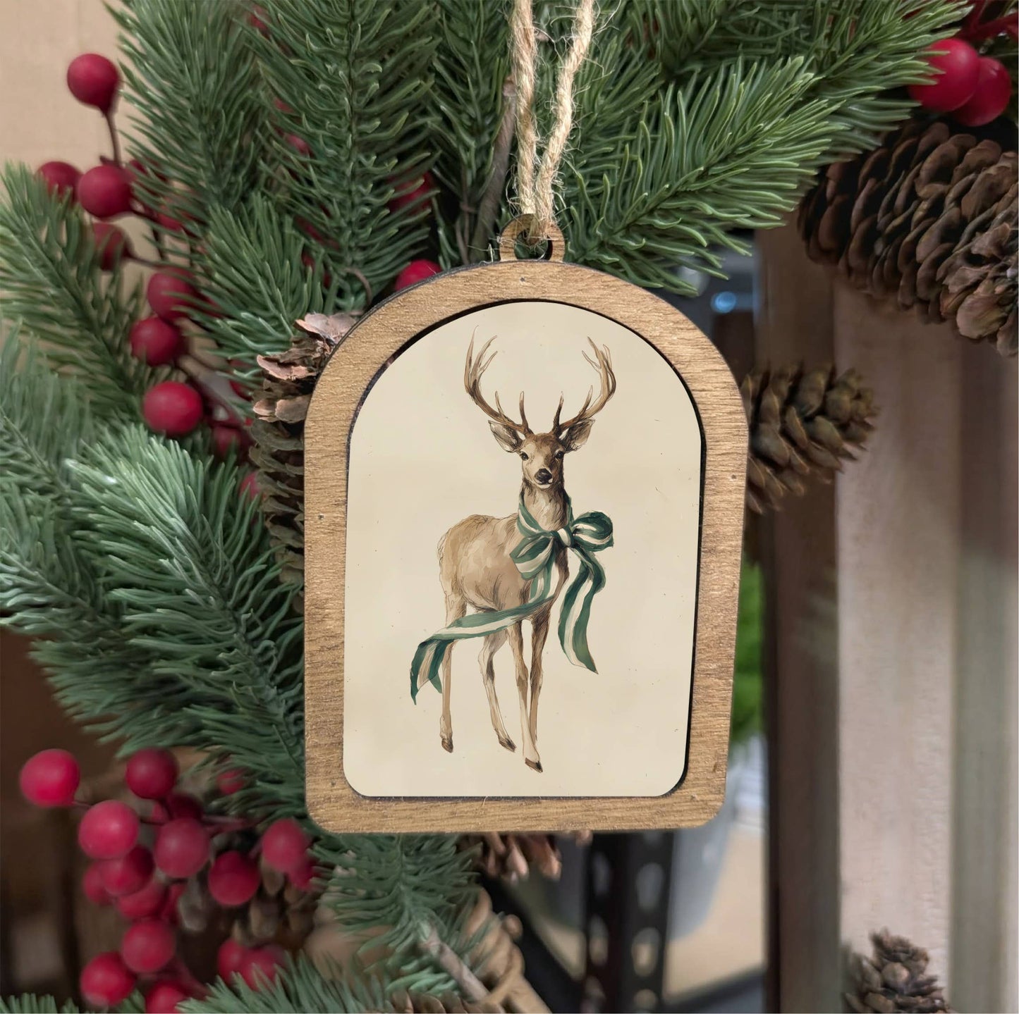 Framed Arch Ornament Green Ribbon Deer