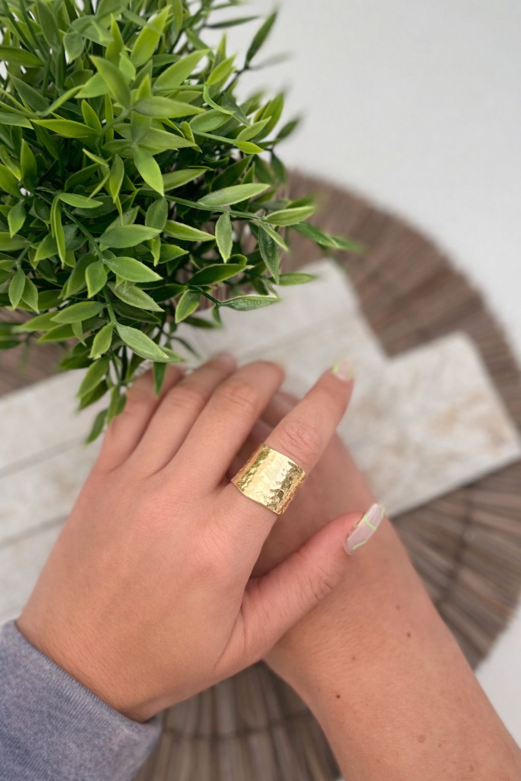 Gold Plated Adjustable Ring - Hammered Wide Band