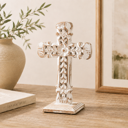 Natural Distressed White Wooden Cross w/ Rosette