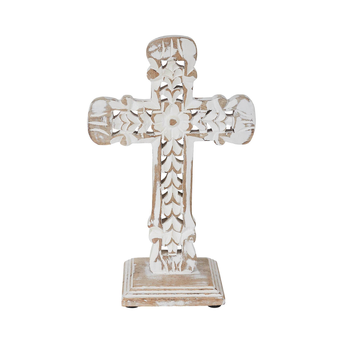 Natural Distressed White Wooden Cross w/ Rosette