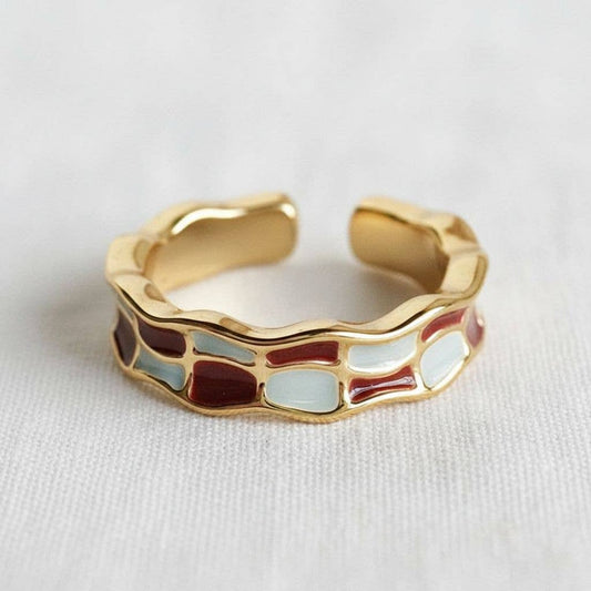 Burgundy Check Enamel Adjustable Ring
