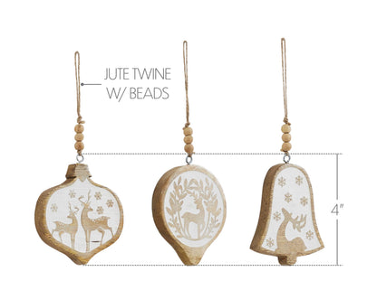 White Washed Winter Forest Deer Wooden Christmas Ornament - 3 Designs