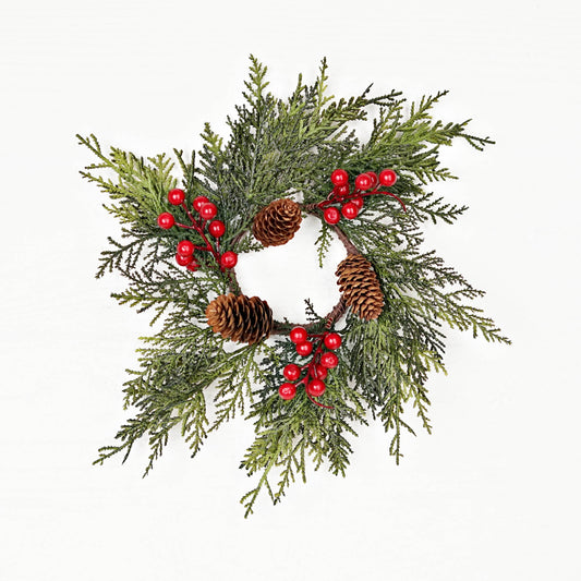 Superior Real Touch Mixed Cedar and Pinecones with Red Berries Mini Wreath Candle Ring