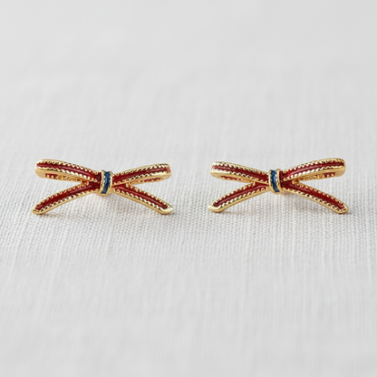 Miniature Burgundy Bow Stud Earrings