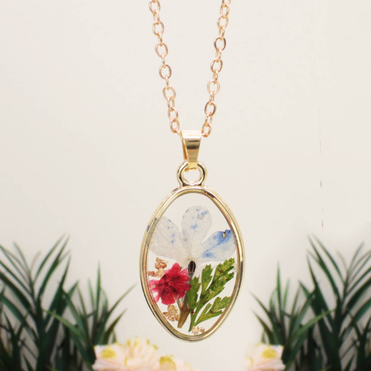 Dainty Bouquet Multicolor Dried Flower Gold Tone Necklace