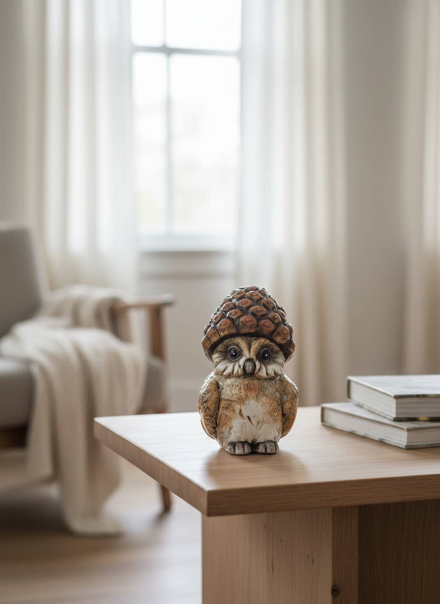 Fable Owl Statuary with Acorn Hat 3" x 4" - Tabletop Decor