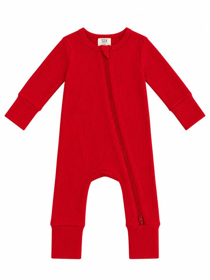 Red / Ribbed 2-Way Zip Romper - Infant