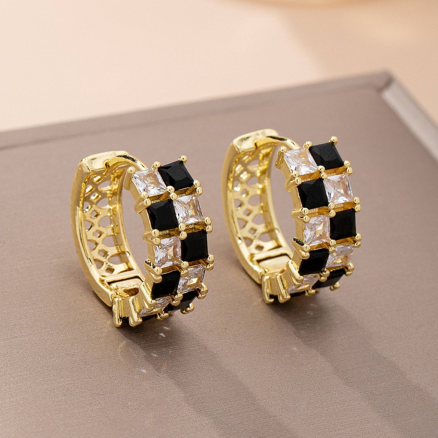 Checker Black & Crystal Hoop Earrings
