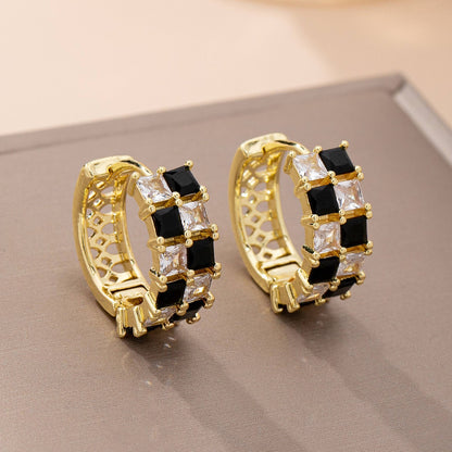Checker Black & Crystal Hoop Earrings
