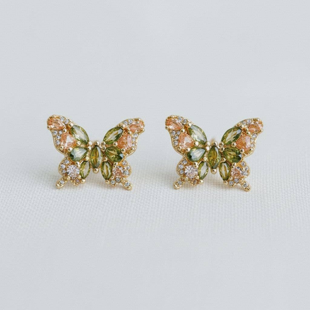 Olive Green Cubic Zirconia Butterfly Stud Earrings