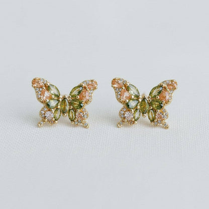 Olive Green Cubic Zirconia Butterfly Stud Earrings