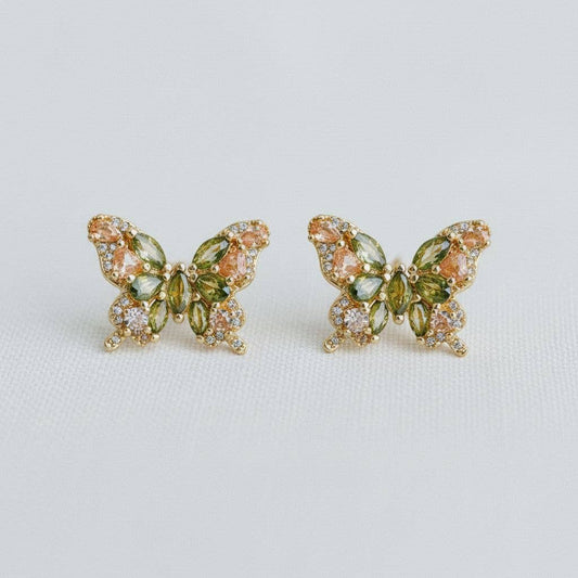 Olive Green Cubic Zirconia Butterfly Stud Earrings
