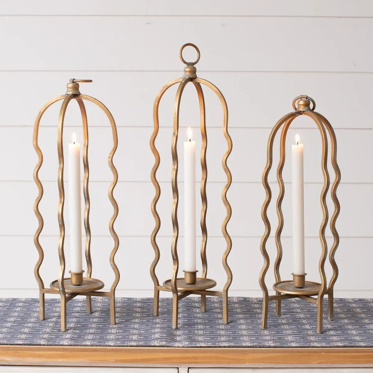 Wavy Gold Taper or Pillar Candle Holder Lantern - 3 sizes