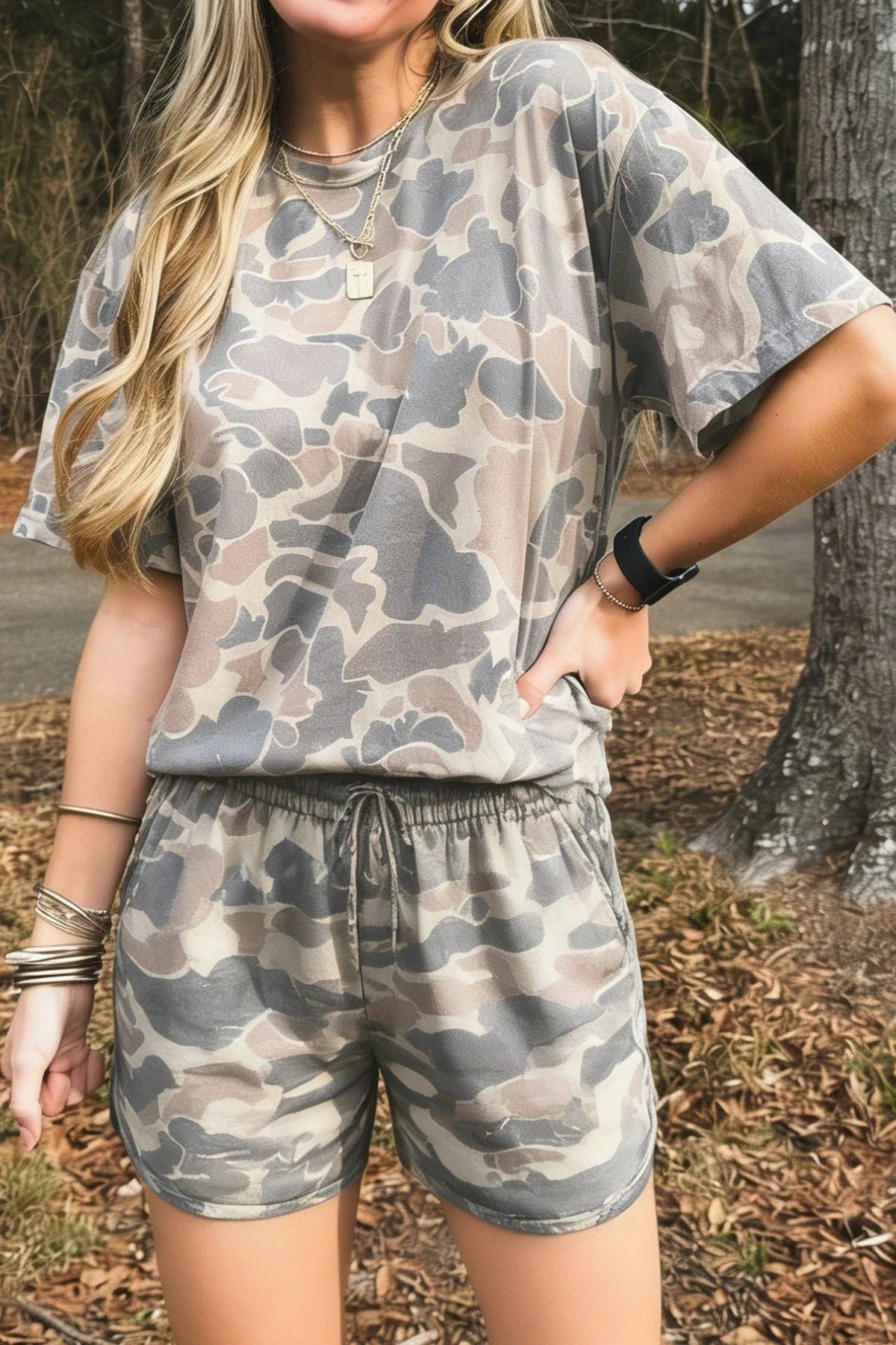 Camouflage Two Piece Tee & Shorts Lounge Set Outfit