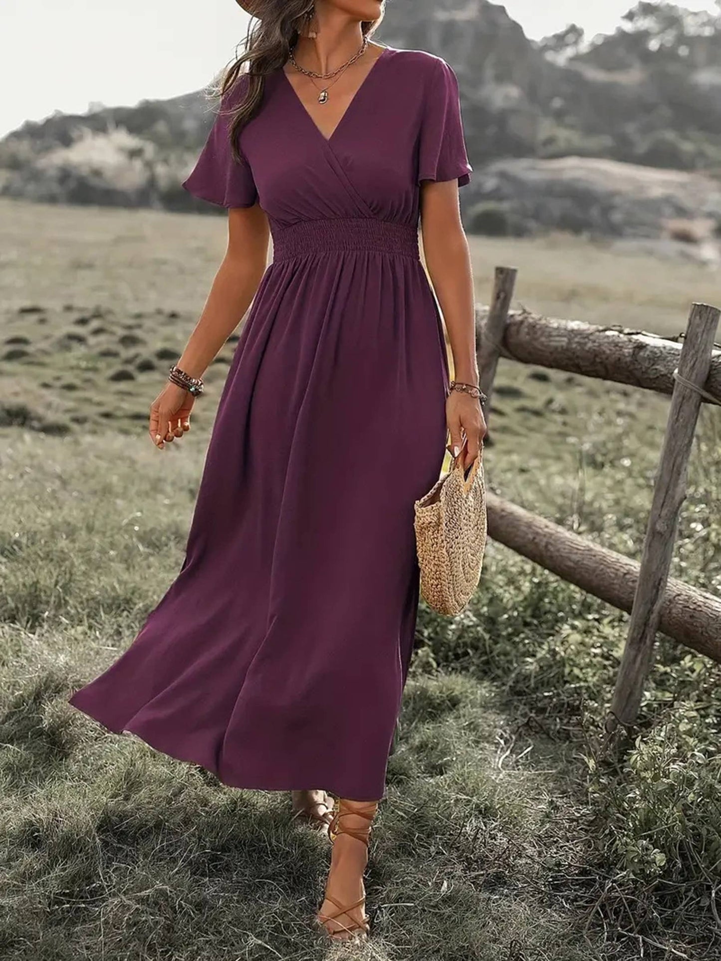 V-Neck Maxi Casual Short Sleeve Dress - Color Options