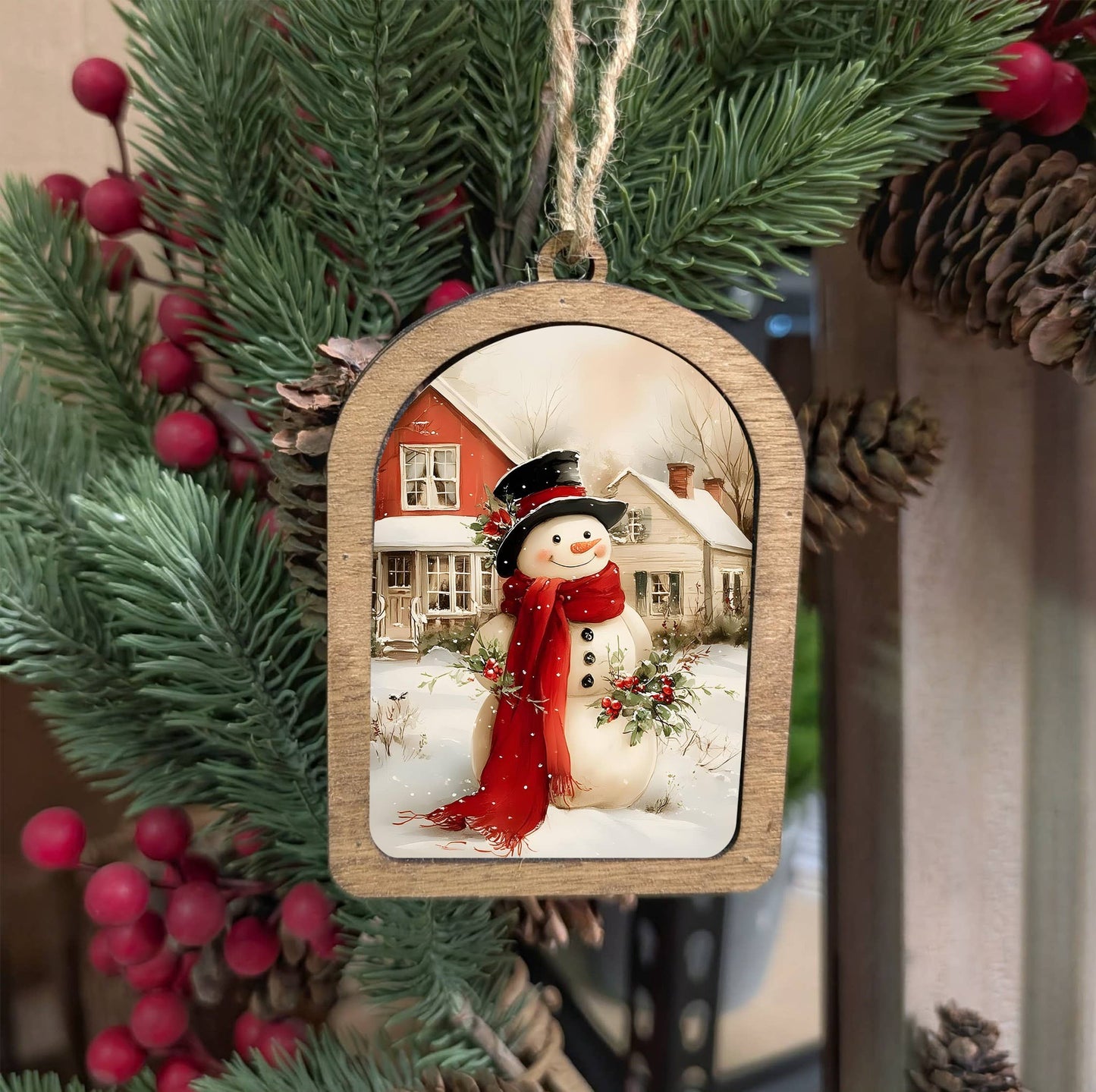 Framed Arch Ornament Cozy Christmas Snowman