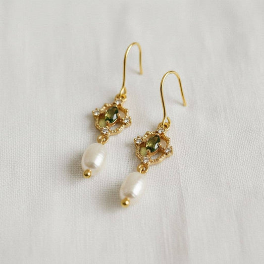 Green Gemstone and Pearl Drop Dangle Earrings