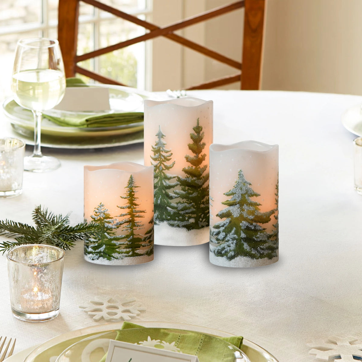 Snowy Pine Tree LED Flameless Pillar Candle - 3 Sizes