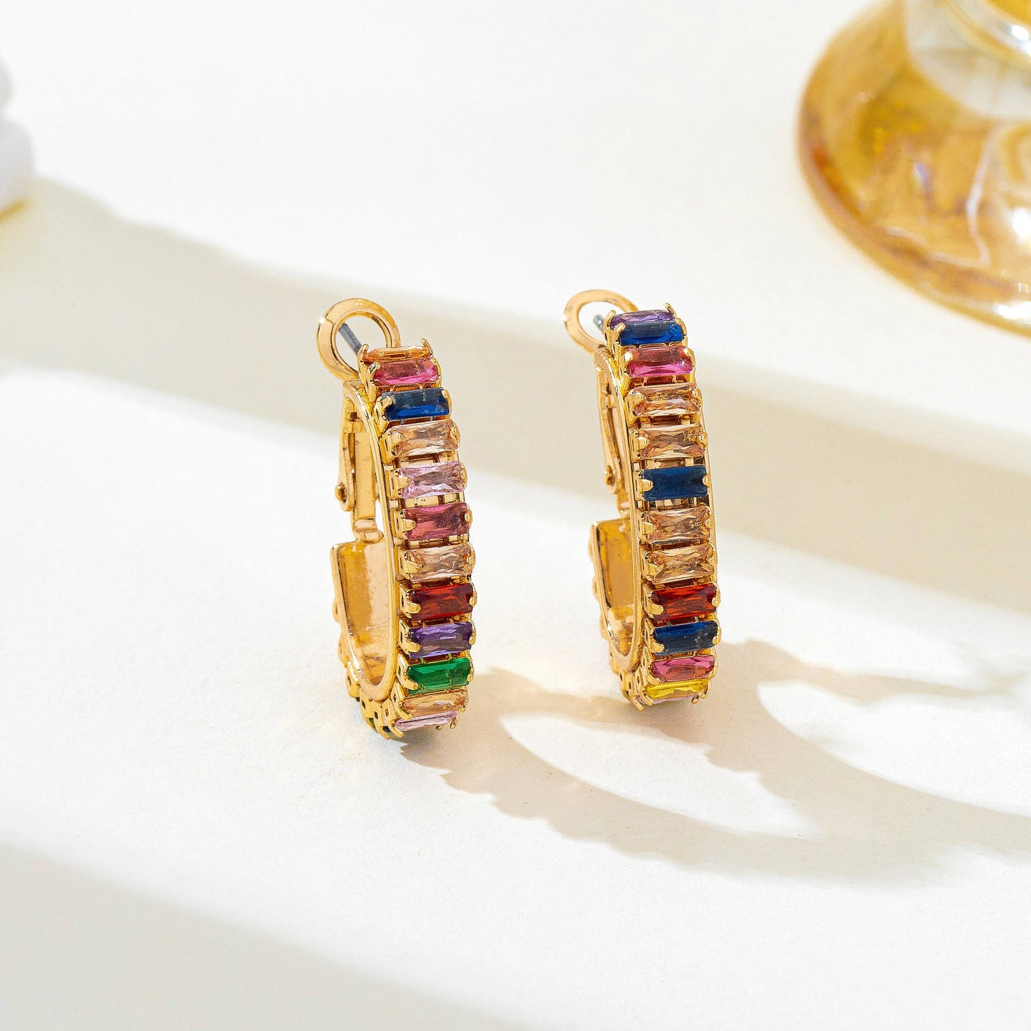 Multicolor Baguette Crystal Hoop Earrings