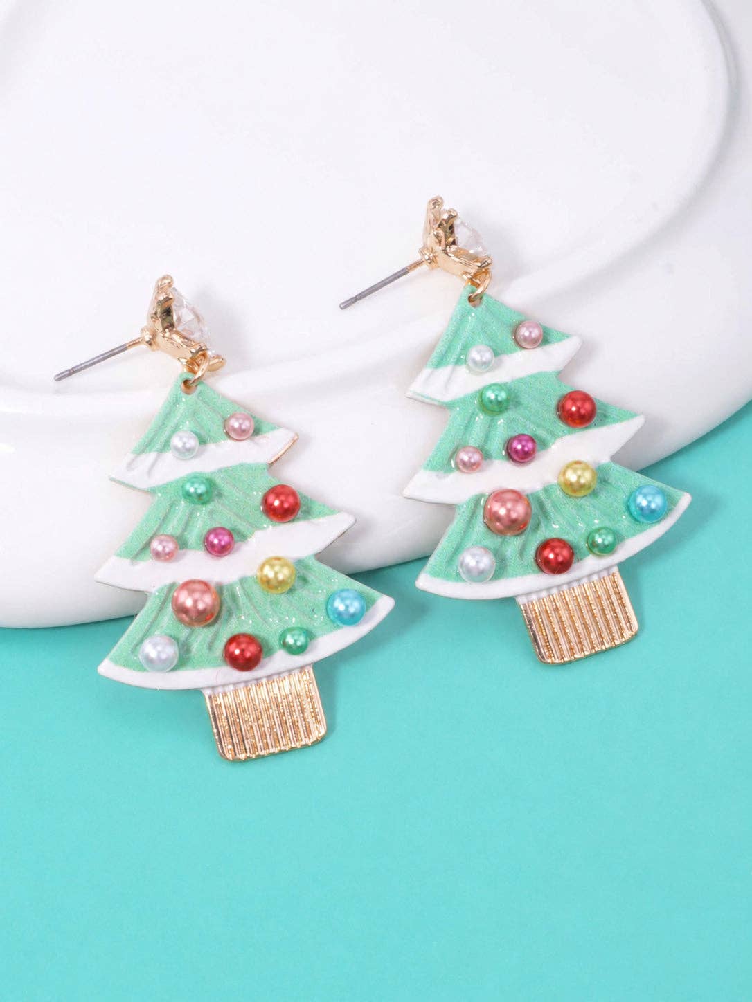 Pearl Enameled Christmas Tree Post Drop Earrings - Color Options