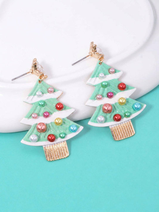 Pearl Enameled Christmas Tree Post Drop Earrings - Color Options
