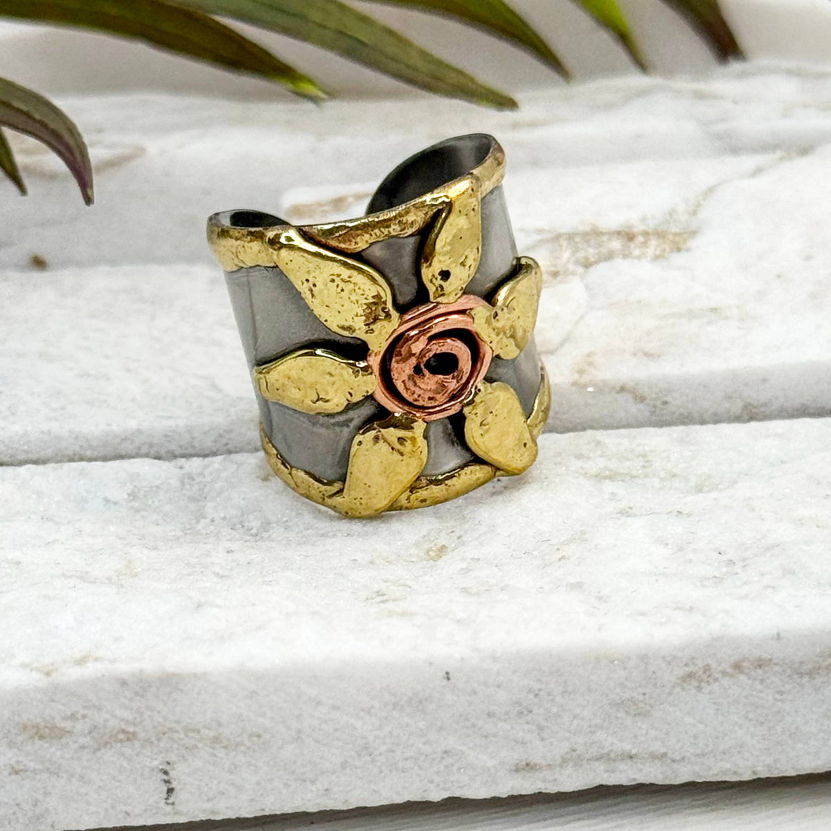 Handcrafted Mixed Metal Flowers Cuff Ring - Adjustable