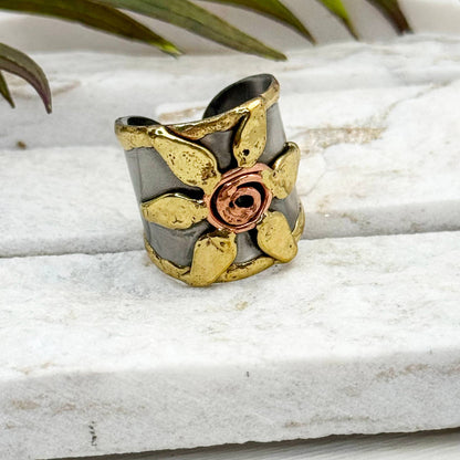 Handcrafted Mixed Metal Flowers Cuff Ring - Adjustable