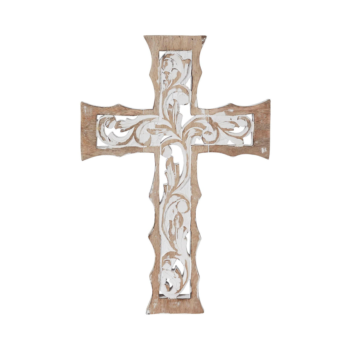 Distressed White Carved Wooden Cross Wall Decor 18" X 12"