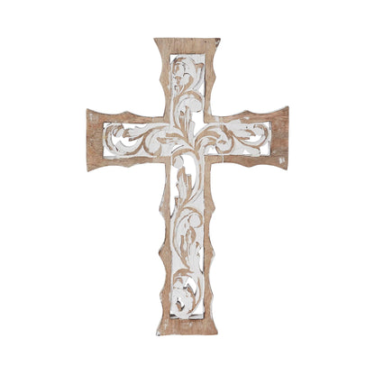 Distressed White Carved Wooden Cross Wall Decor 18" X 12"