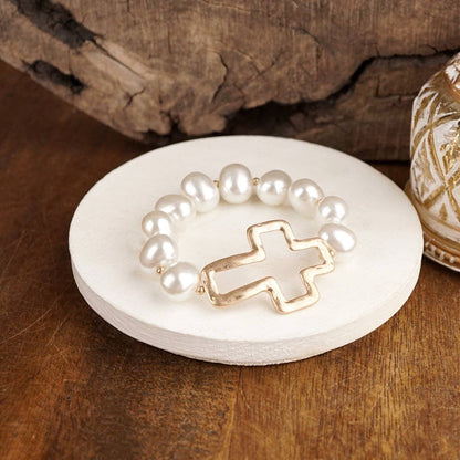 Chunky Pearl Cross Bracelet - Gold or Silver Tone