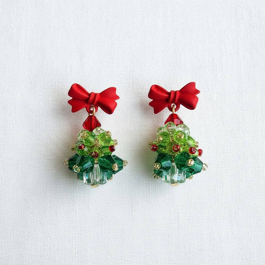 Beaded Christmas Tree Bow Earrings