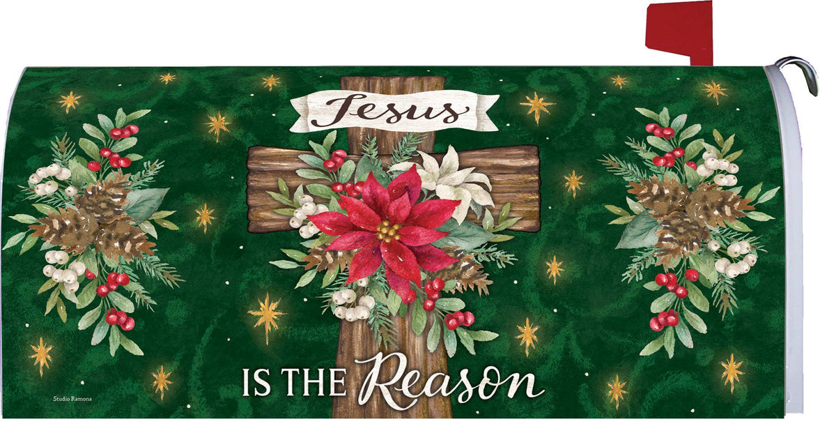 Jesus is the Reason Poinsettia Cross Mailbox Cover - Custom Decor Standard Size