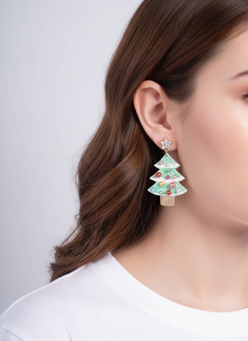 Pearl Enameled Christmas Tree Post Drop Earrings - Color Options